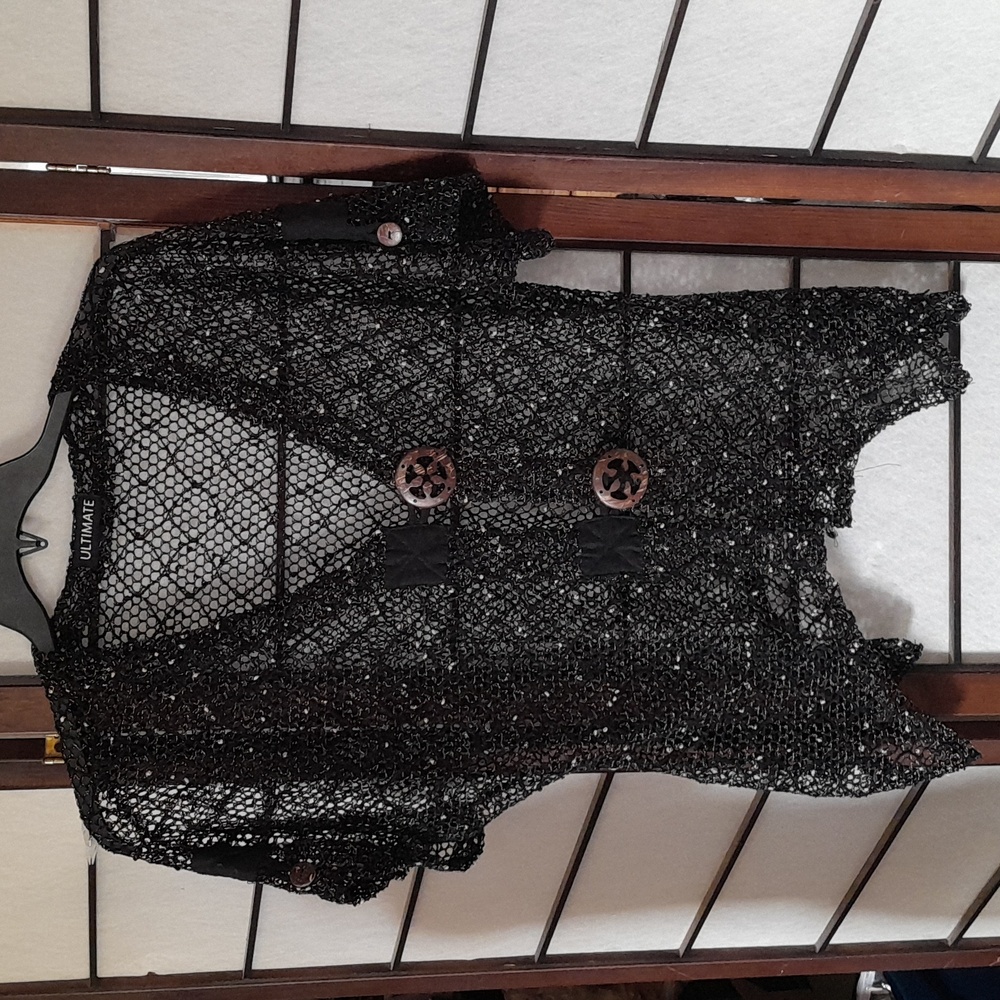 Ultimate Sheer Black Net Women's Short Sleeve Overlay Top Large - Picture 4 of 5